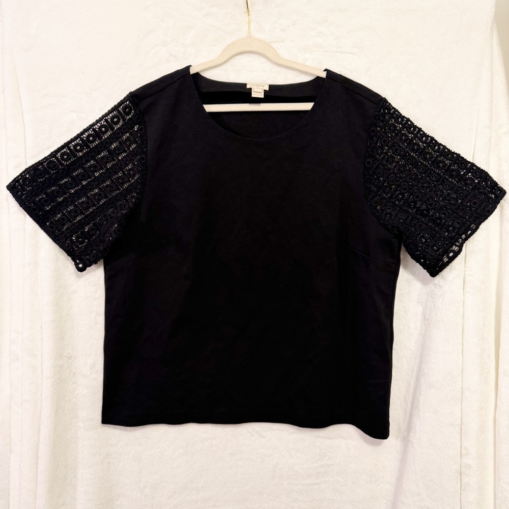 J Crew Blouse Top Womens Large Black Eyelet Short Sleeves Office Work Minimalist